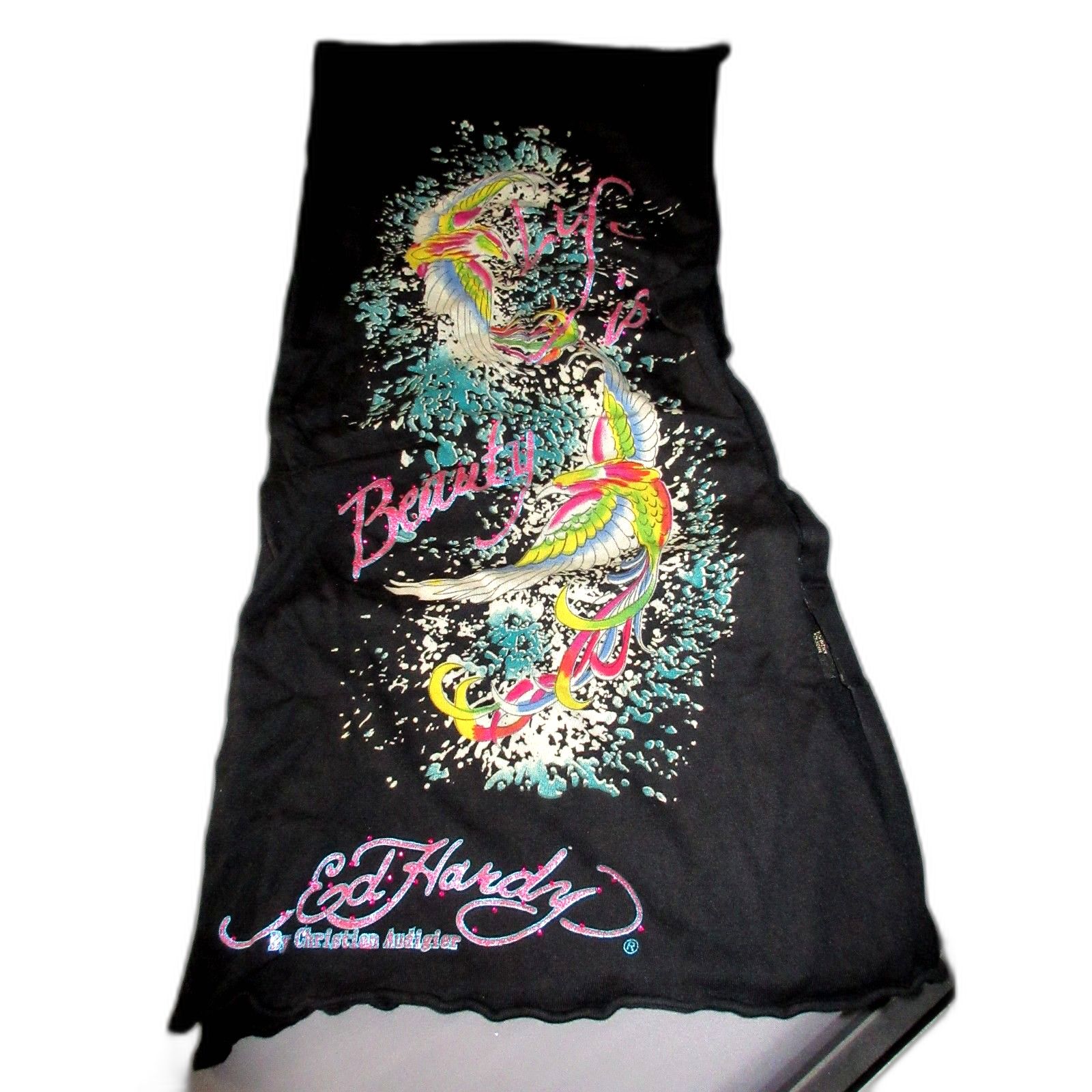 Ed Hardy Life Is Beauty Tattoo Graphic Scarf Black Y2k Glitter Christian Audigie